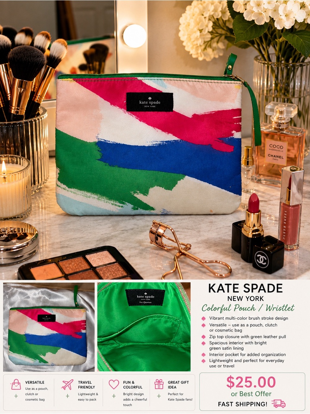 kate spade Multi-Color Brushstroke Cosmetic Pouch - Green, Blue, Pink